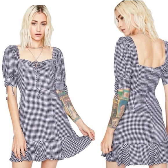 Dress Forum Dresses & Skirts - NEW Dress Forum Puff Sleeve Blue Gingham Mini Ruffle Hem Dress Lg Viscose Lined